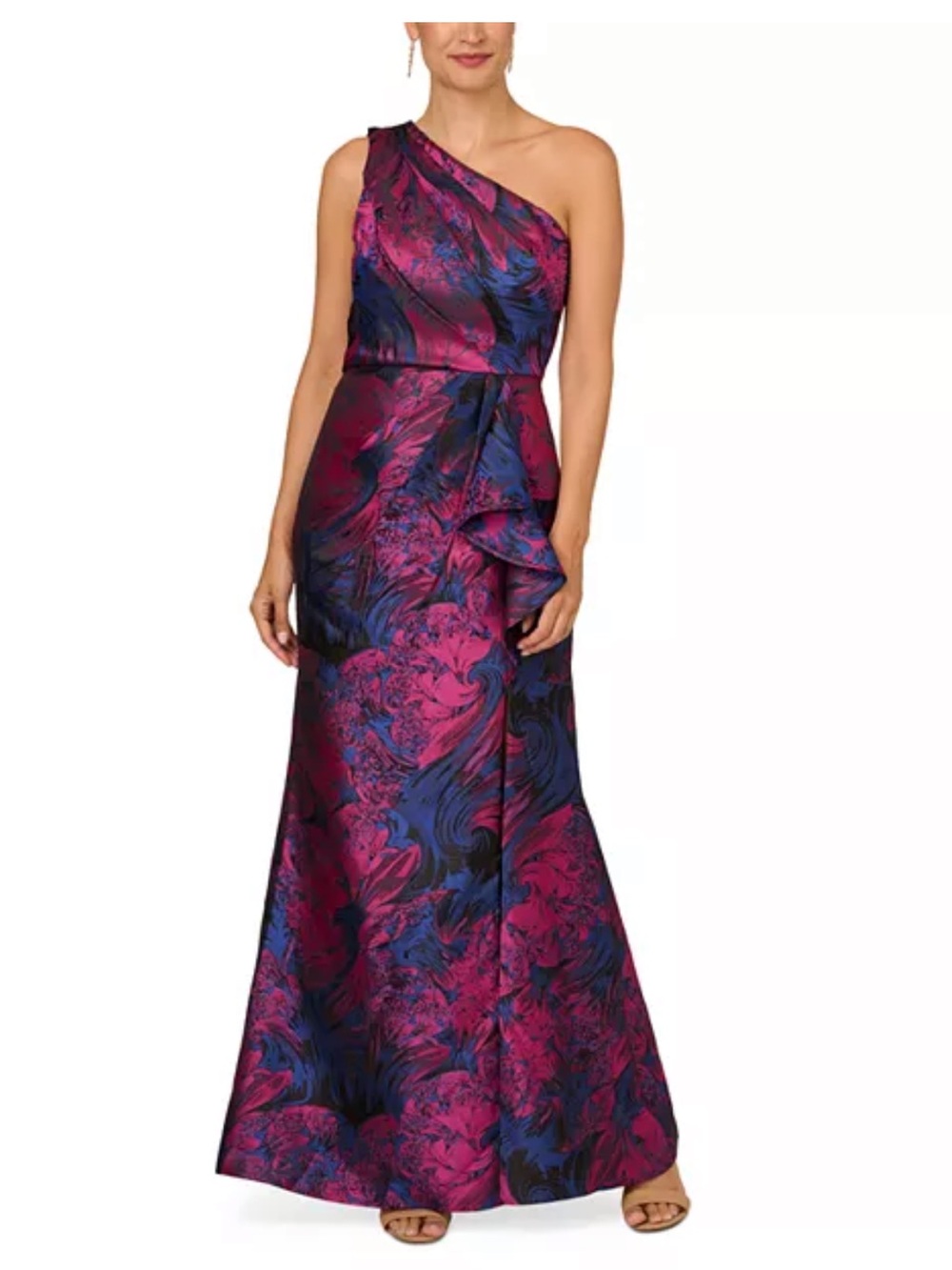 Adrianna Papell One-Shoulder Jacquard Gown in Fuchsia and Navy NWT